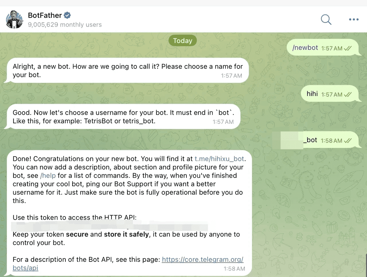 Telegram BotFather issuing a bot token
