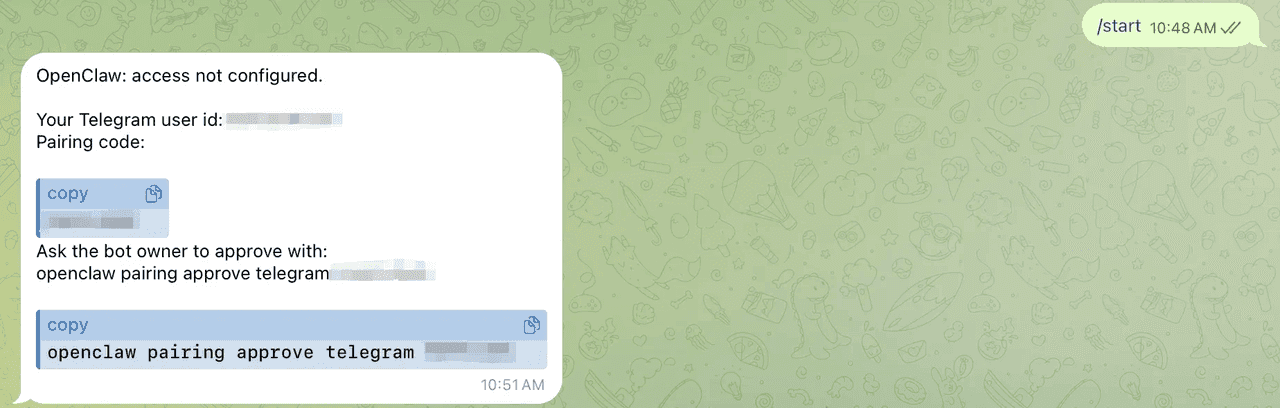 Telegram bot replying with a pairing code